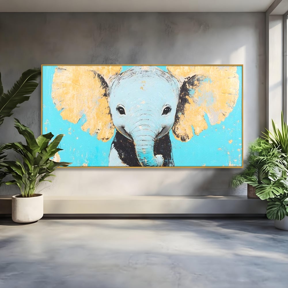 Tablou canvas cu tablou canvas cu un pui de elefant, in rama de aluminiu auriu